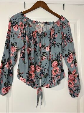 Jolt Blue Floral Off-the-Shoulder Tie-Front Crop Blouse